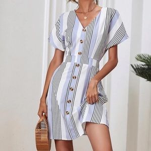 Blue white Striped A-Line high waist button front short sleeve V-Neck dress XL